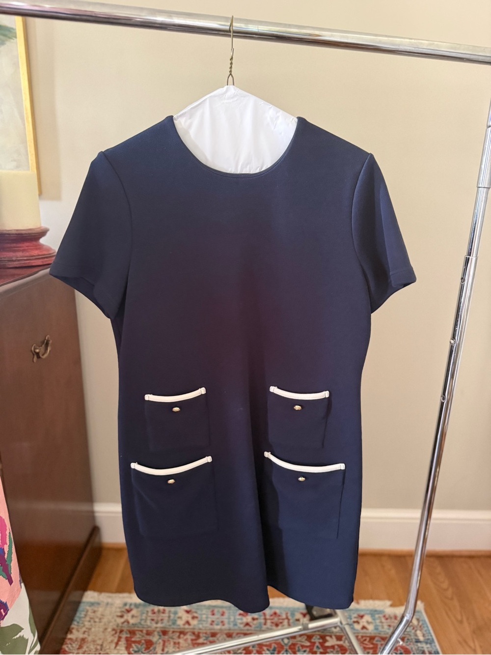 Tuckernuck Navy Short-Sleeve Shift Dress with White-Trim Pocket- classic